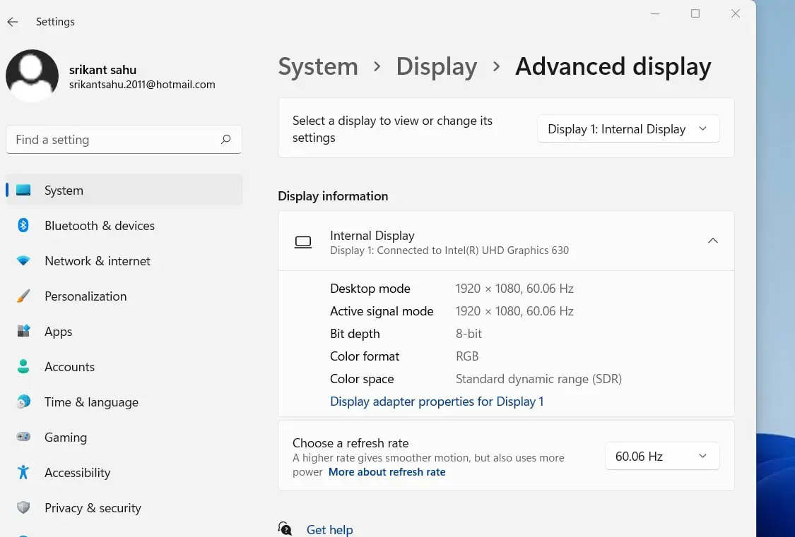 Change refresh rate windows 11