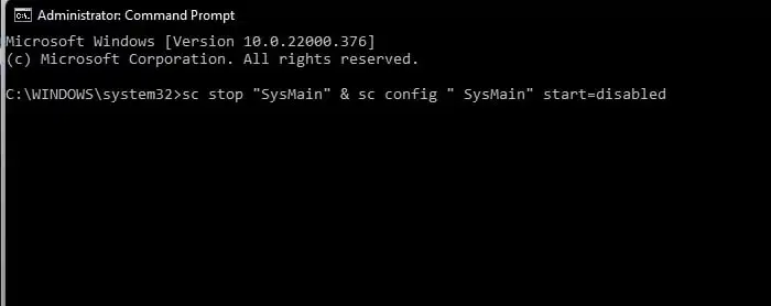 command to disable SysMain