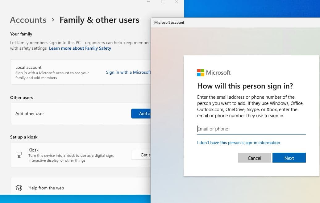 Add user account on windows 11