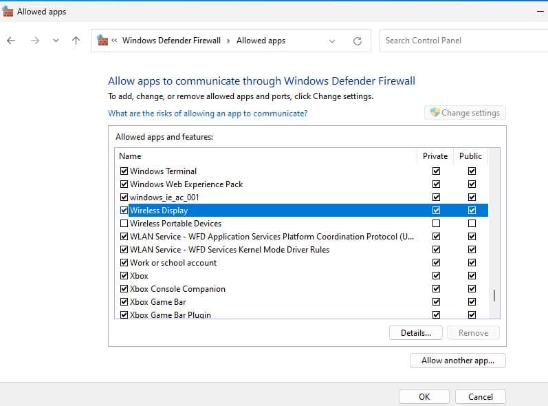 Allow Wireless Display on Firewall settings