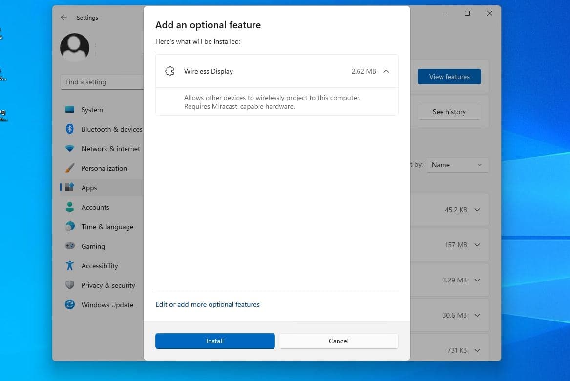 Install wireless Display feature windows 11