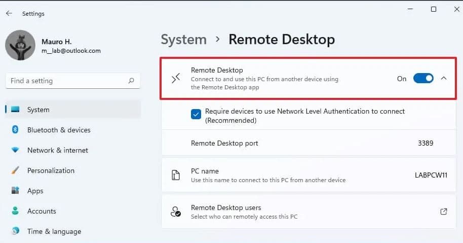 Remote desktop on windows 11