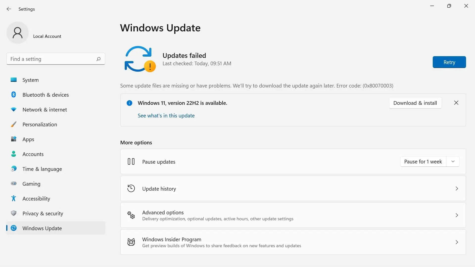 Windows 11 22H2 update failed