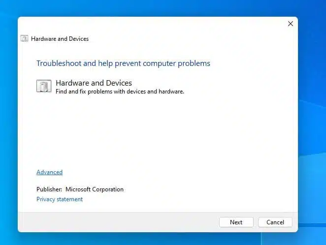 Windows 11 Hardware and device troubleshooter