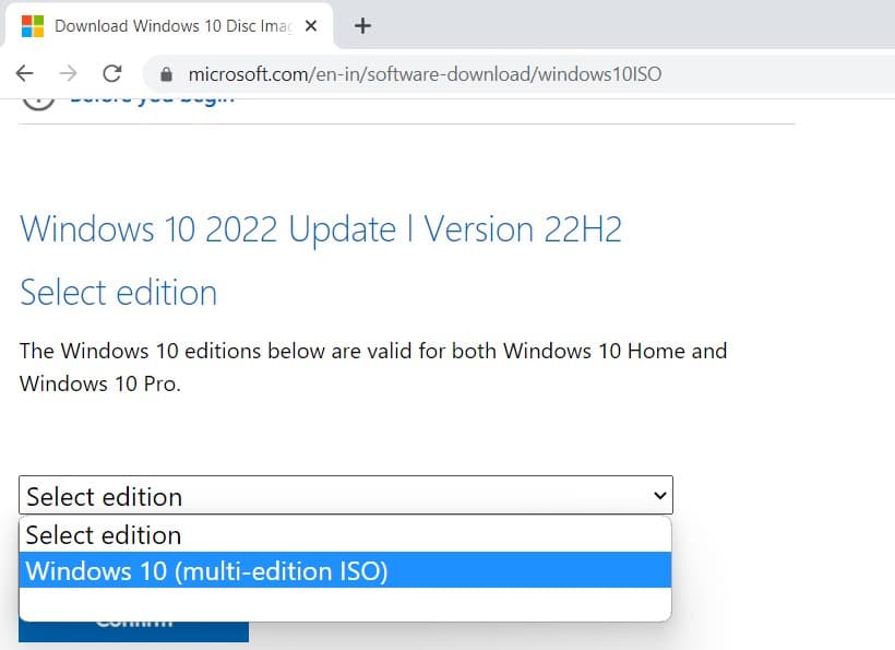 Select windows 10 edition