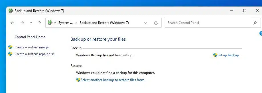 Backup and restore option windows 11