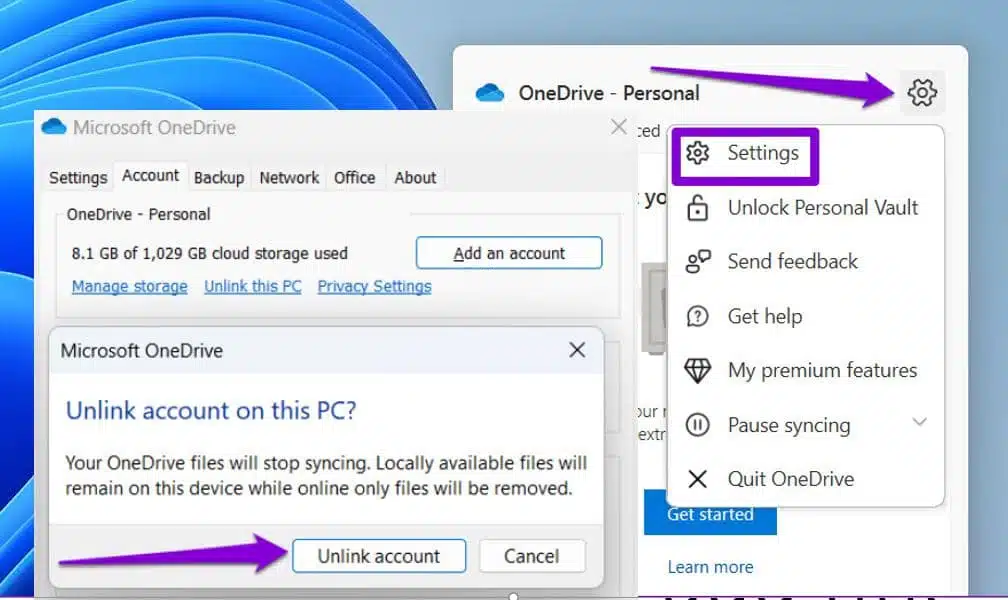 Unlink OneDrive windows 11