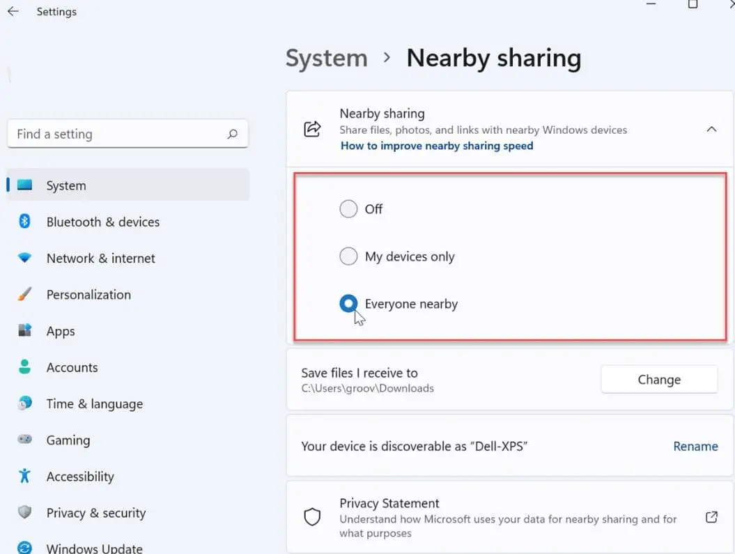 Enable nearby sharing windows 11