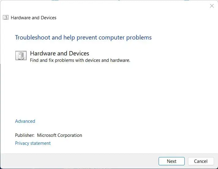 Hardware and Device troubleshooter