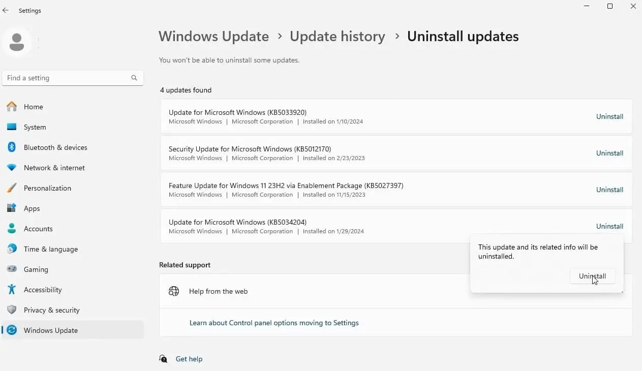 Confirm uninstall windows update