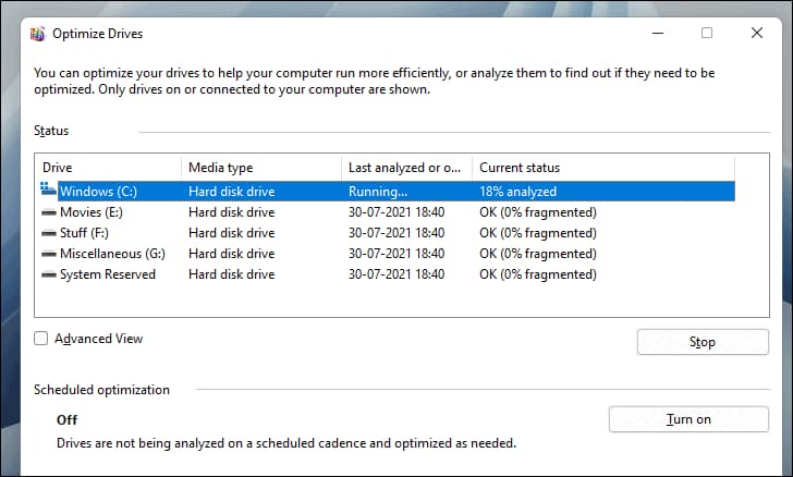 Disk Defragmenter on Windows 11