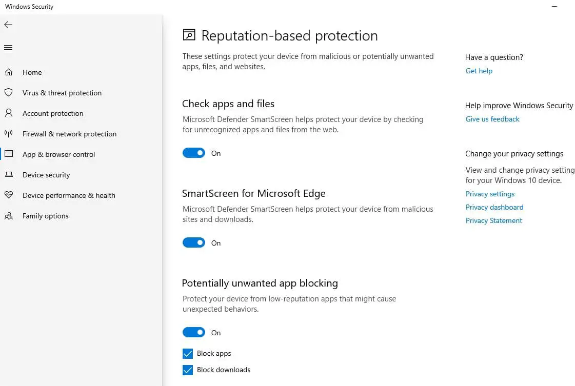 Reputation based protection settings