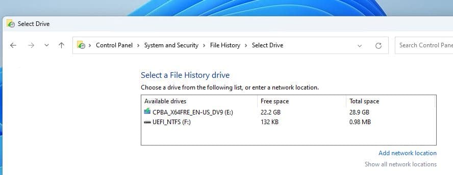 Select drive to backup files