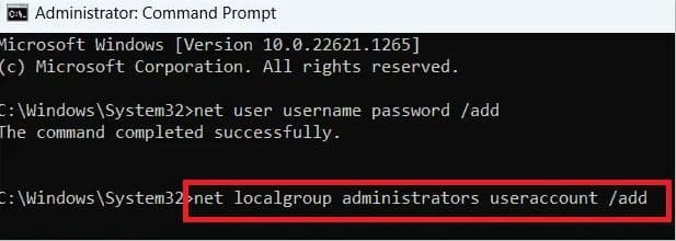 Command to add user account on windows 11