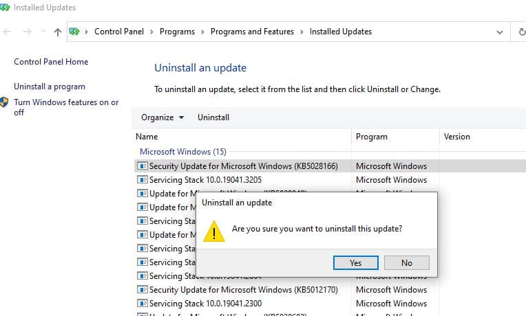 Confirm uninstall windows update