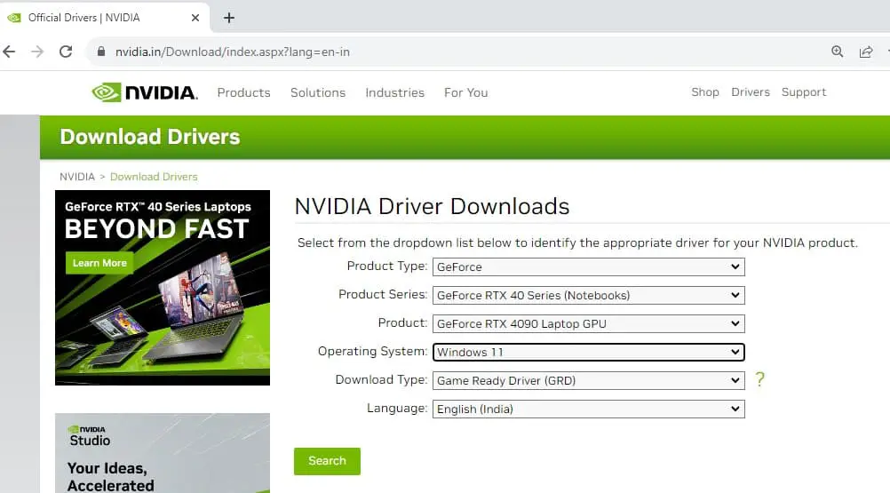 NVIDIA driver search