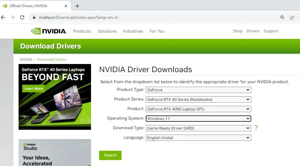 NVIDIAドライバーの検索