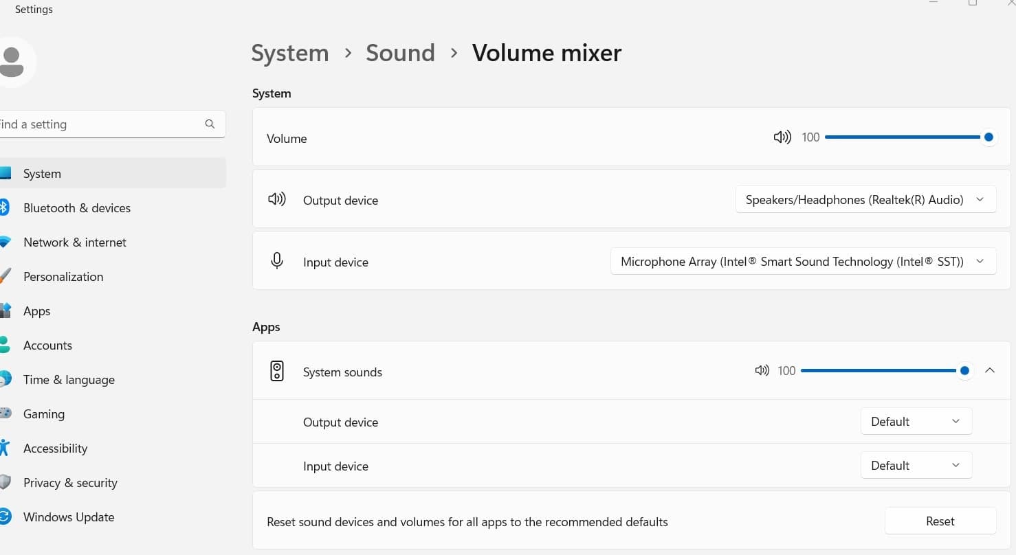volume mixer settings