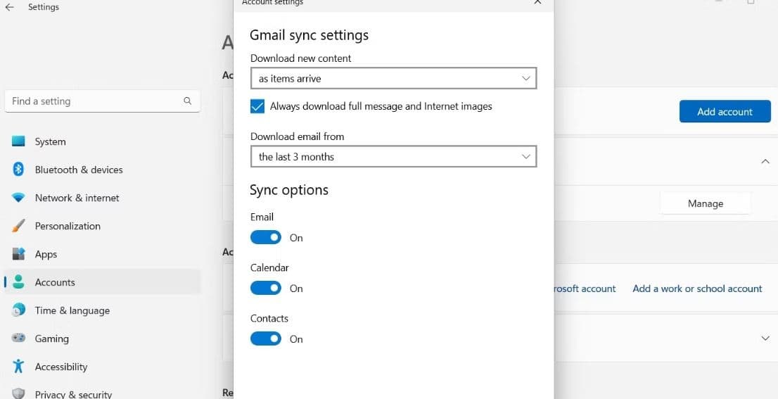 Email calendar sync settings