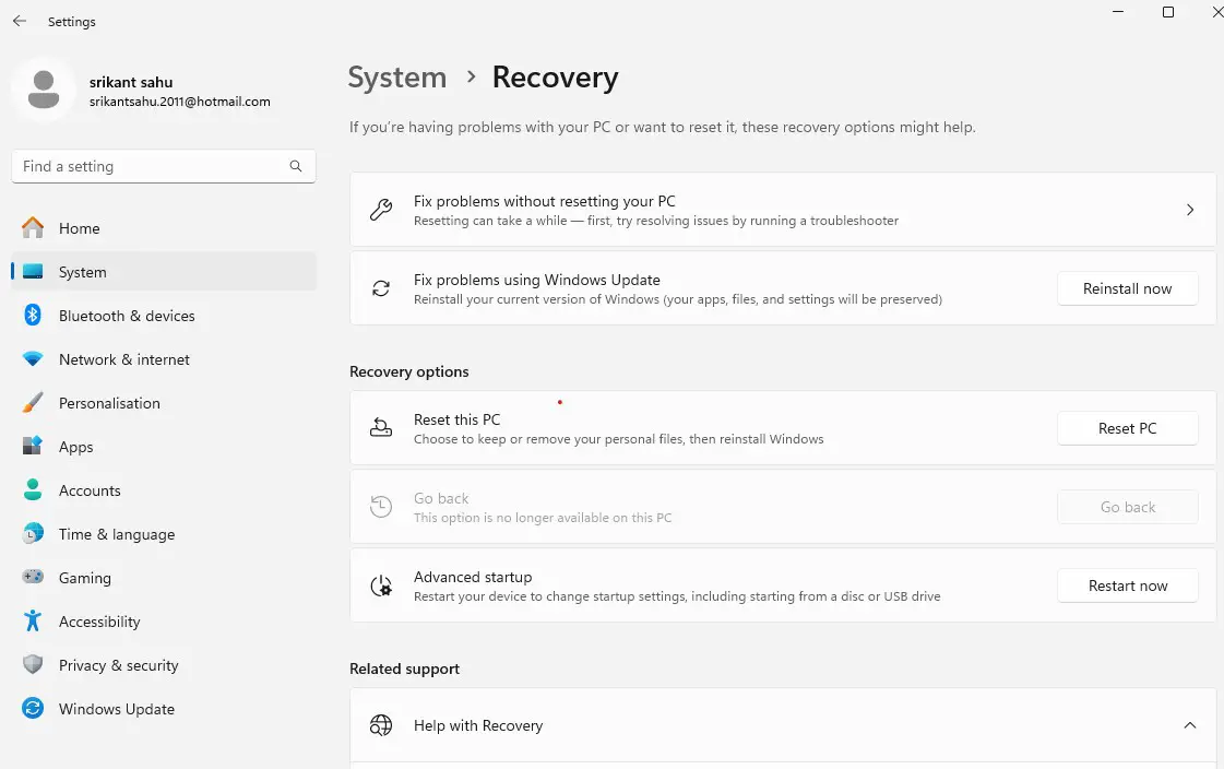 Advanced startup restart now option