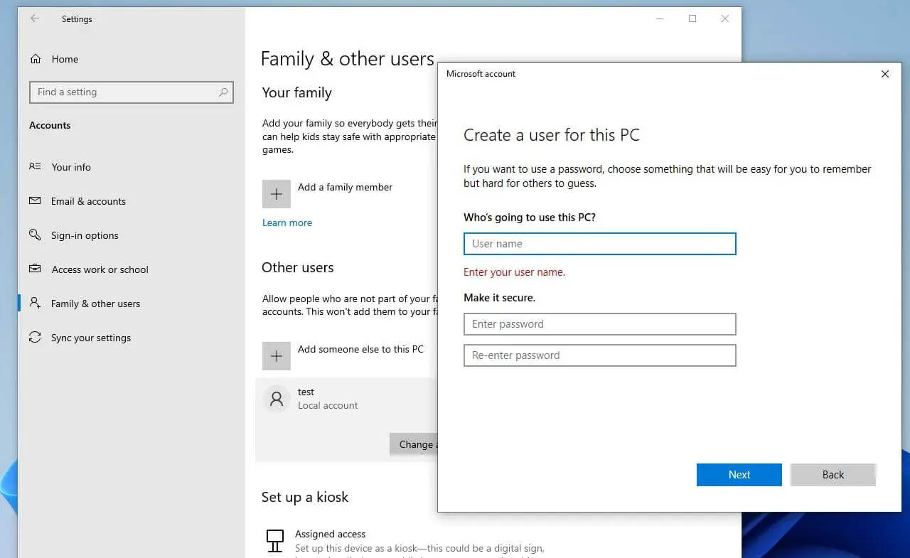 Create or Delete user account windows 10
