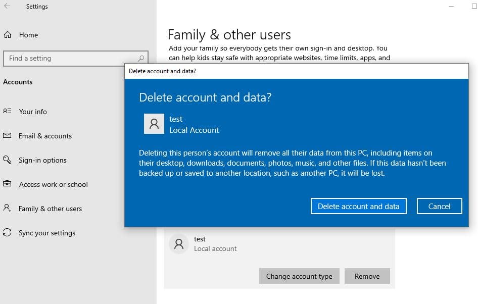 Delete user account windows 10