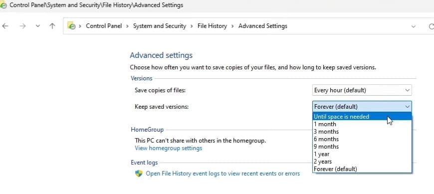 File history Backup Duration