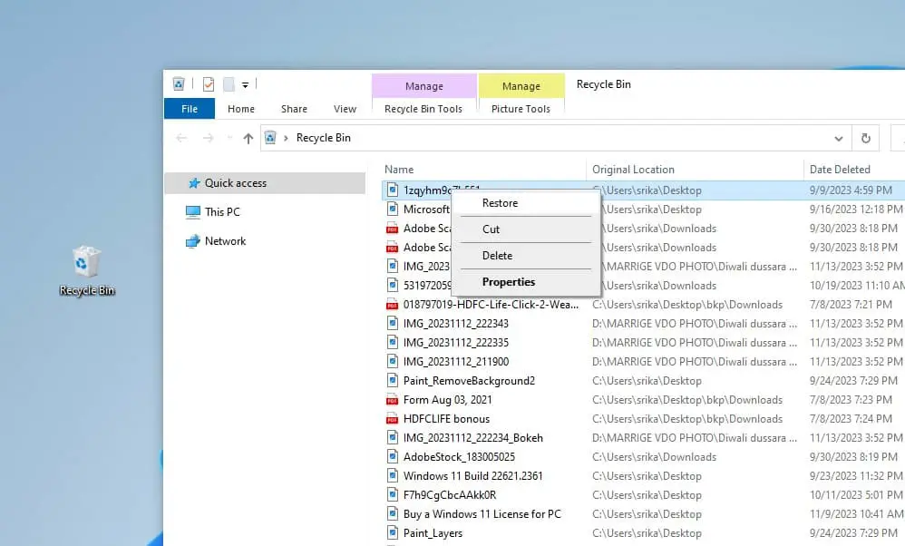 recover deleted files from the Recycle Bin