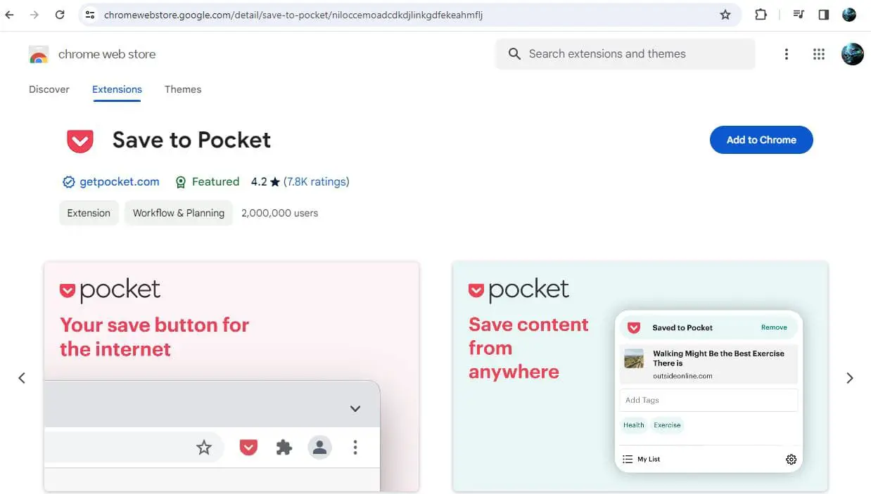 Save to Pocket chrome extension